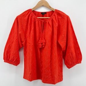J.Crew Red Embroidered Cotton Tassle Tie Neck 3/4 Sleeve Blouse Top Size Small